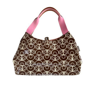 Orla Kiely Tote Bag Brown Cream Print Coated Canvas Pink Canvas-Leather Handles
